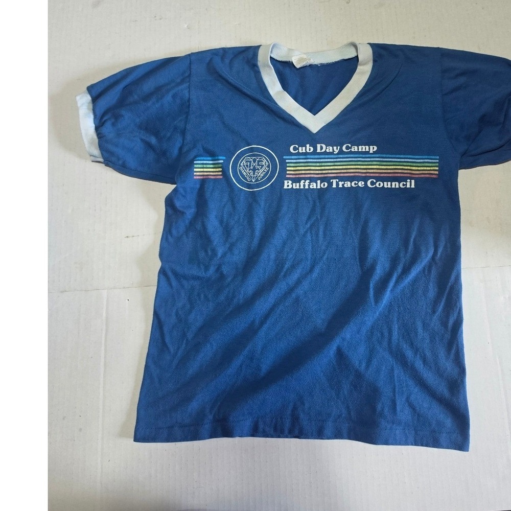Vintage Velva Sheen Cub Day Camp Buffalo Trace Council Ringer Tee Blue Small
